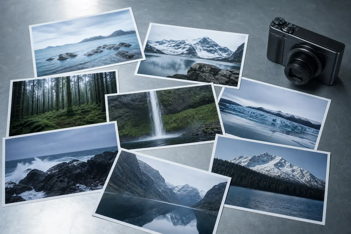 Printed photos and a camera on a cool grey table