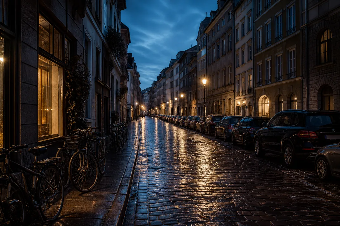 Empty wet cobblestone street at blue hour